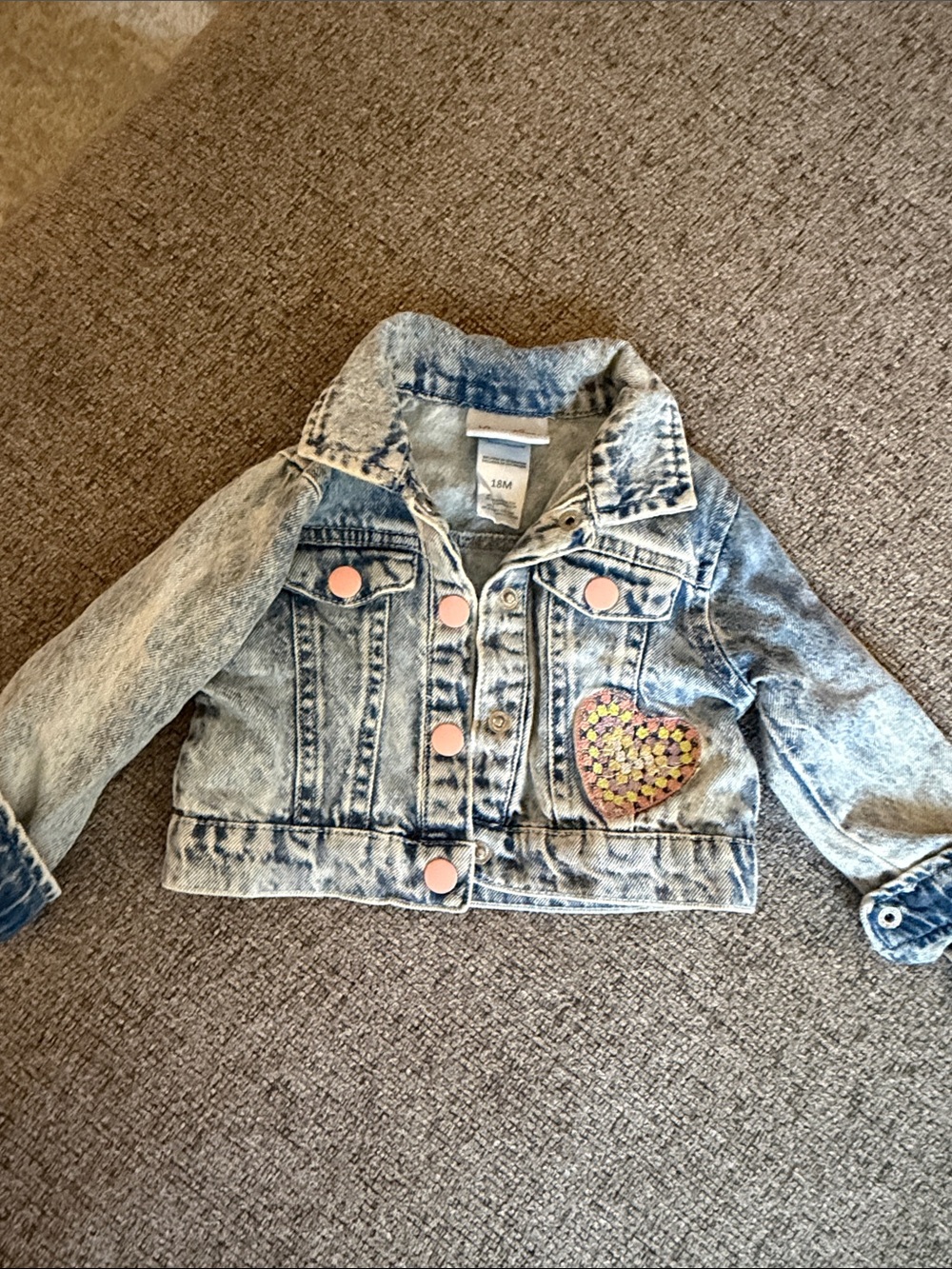 Little Lass Acid-Wash Jean Jacket with Heart Patch and Pink Buttons